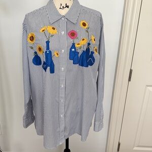 Quacker Factory Striped Blue White Shirt Floral Embroidery ,crystal embellished